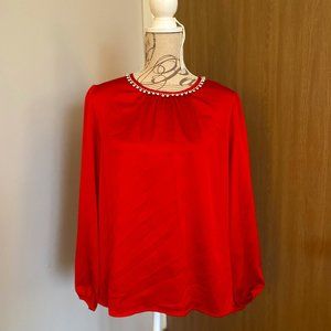 Liz Claiborne Red Long-Sleeved Jewel Collared Blouse